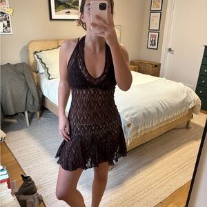 Zara Sheer Brown Lace Halter Mini Dress
